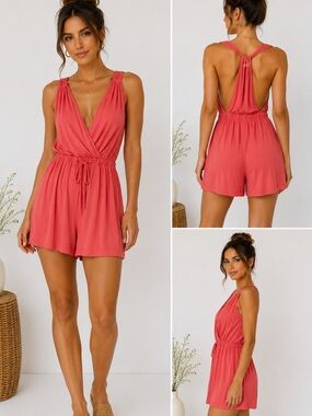 Lush Coral Pink Strappy Sleeveless Romper